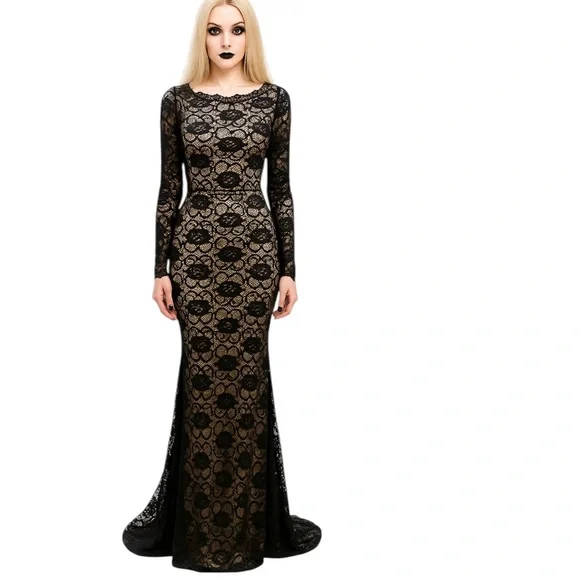 Windsor Whimsigoth Lace Maxi Dress Med Black Dark Romantic Gothic Mesh - Picture 1 of 17